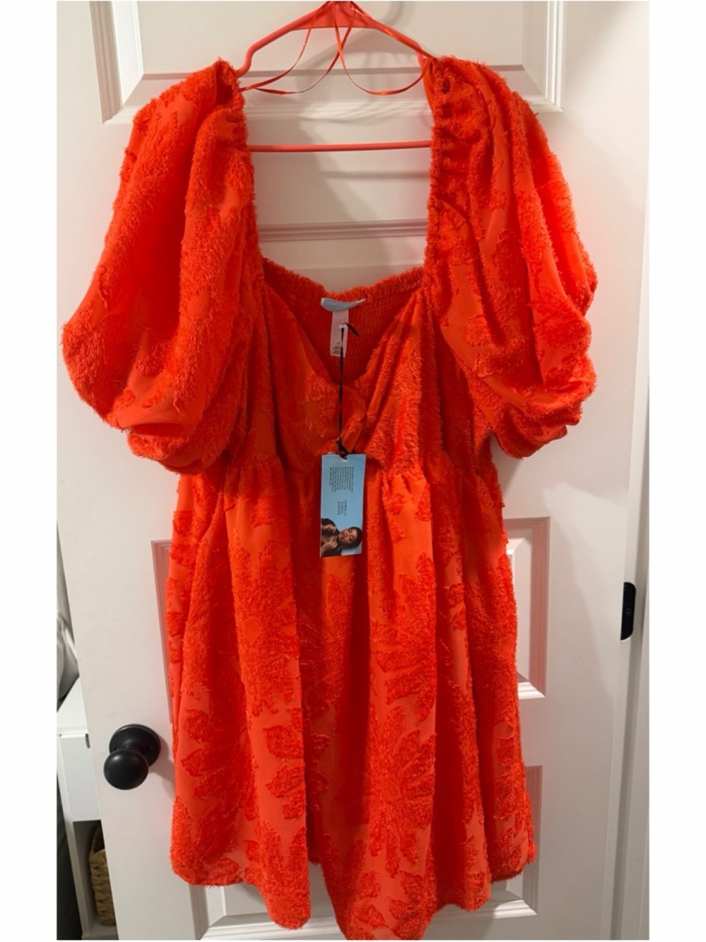 Future Collective Textured Puff-Sleeve Mini Dress in Bright Orange